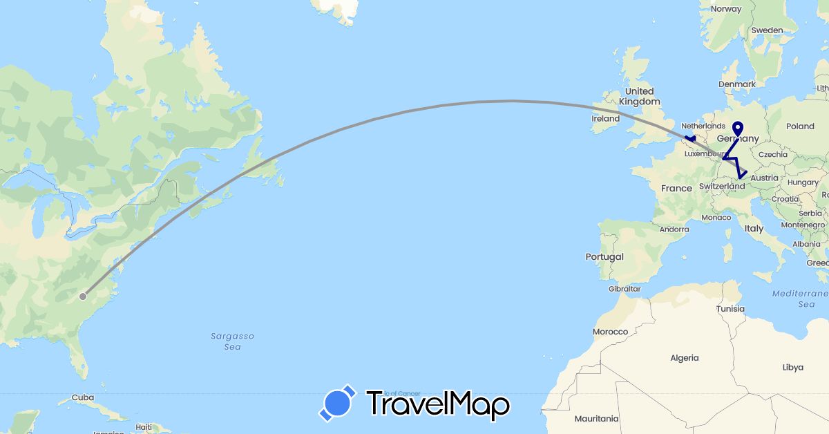 TravelMap itinerary: driving, plane in Belgium, Germany, Ireland, United States (Europe, North America)